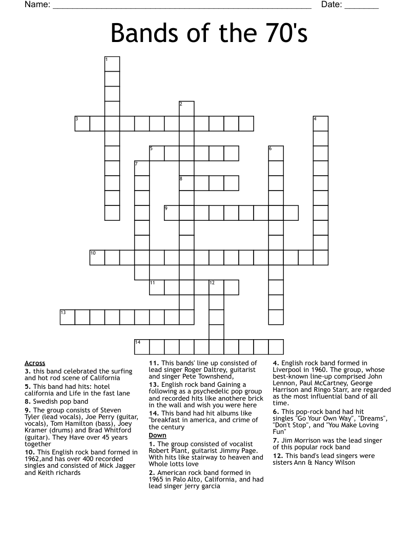Bands of the 70's Crossword
