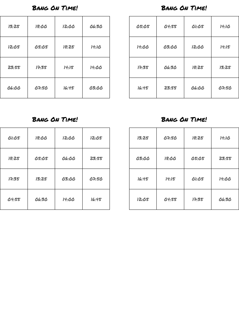 Bang On Time! Bingo Cards