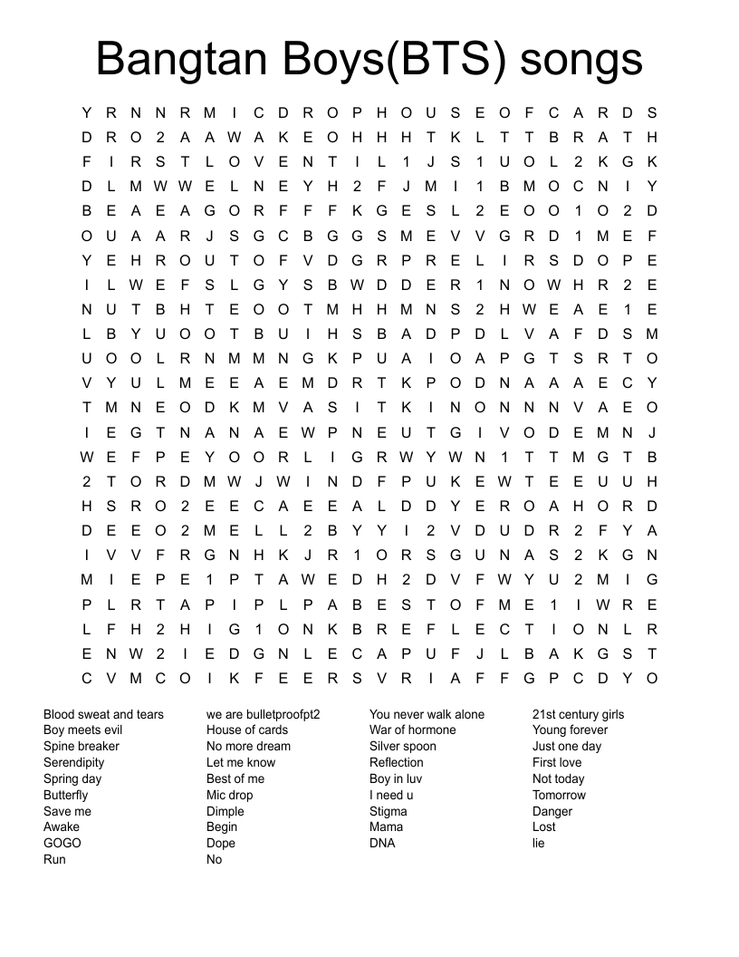 Bangtan Boys(BTS) songs Word Search
