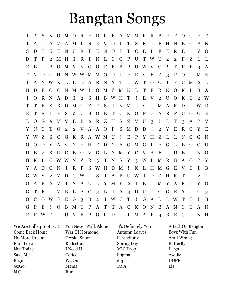 Bangtan Songs Word Search