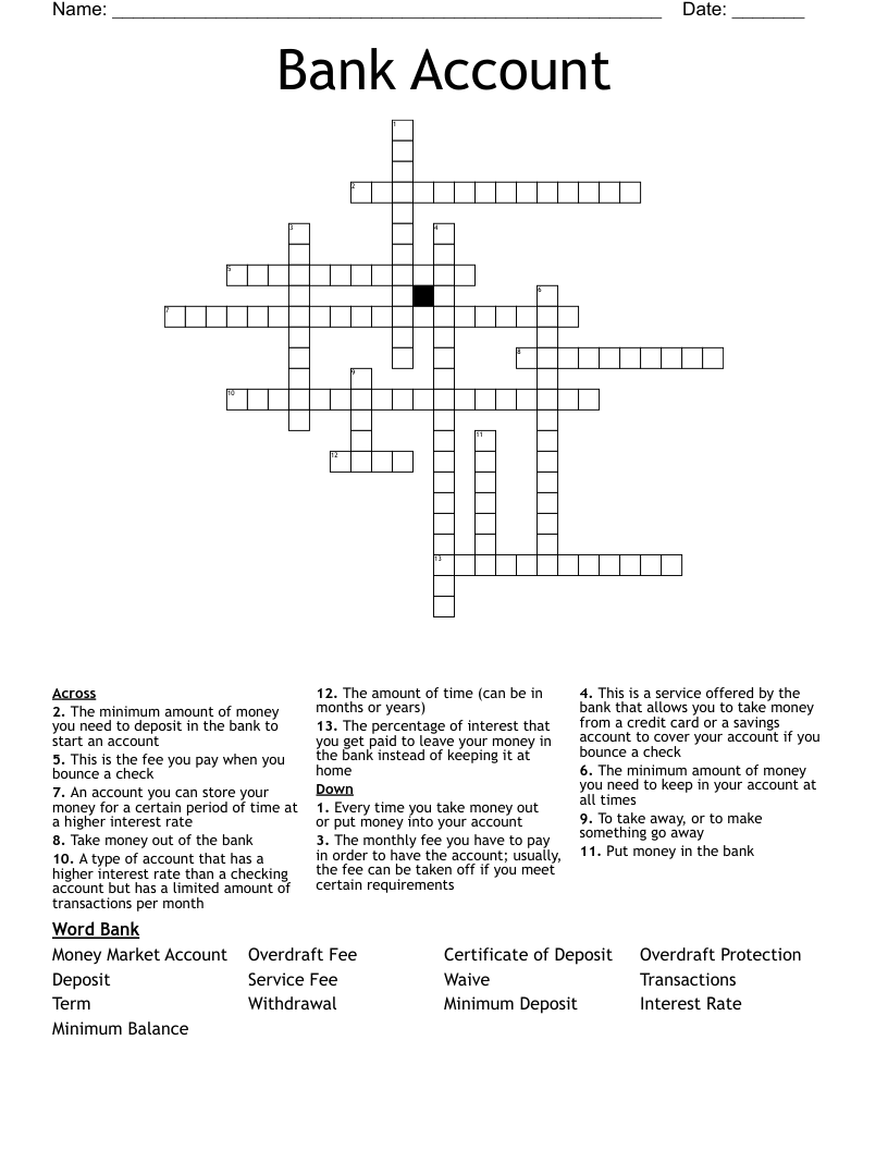 Bank Account Crossword