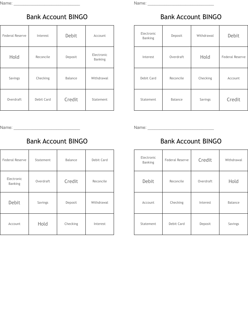 Bank Account BINGO