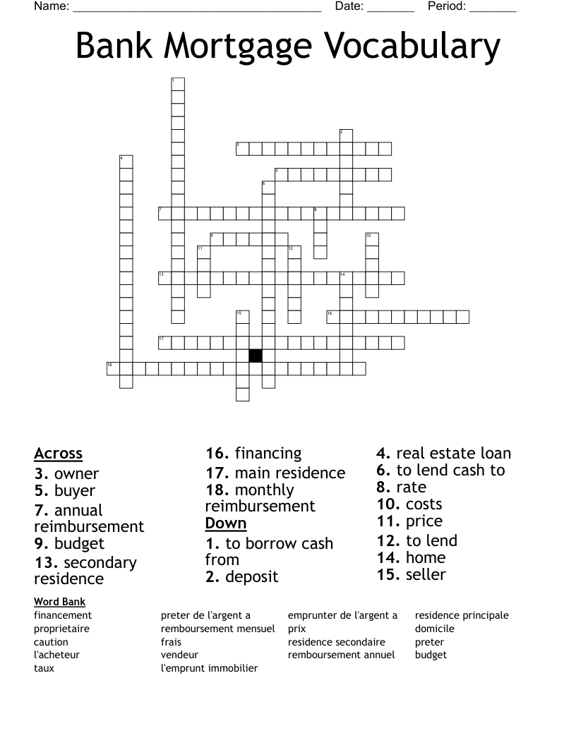 Bank Mortgage Vocabulary Crossword