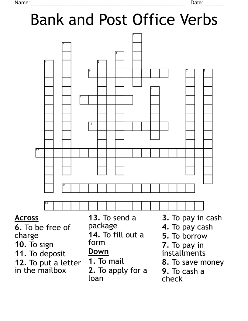 Bank and Post Office Verbs Crossword