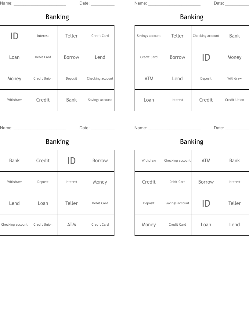 Banking Bingo Cards