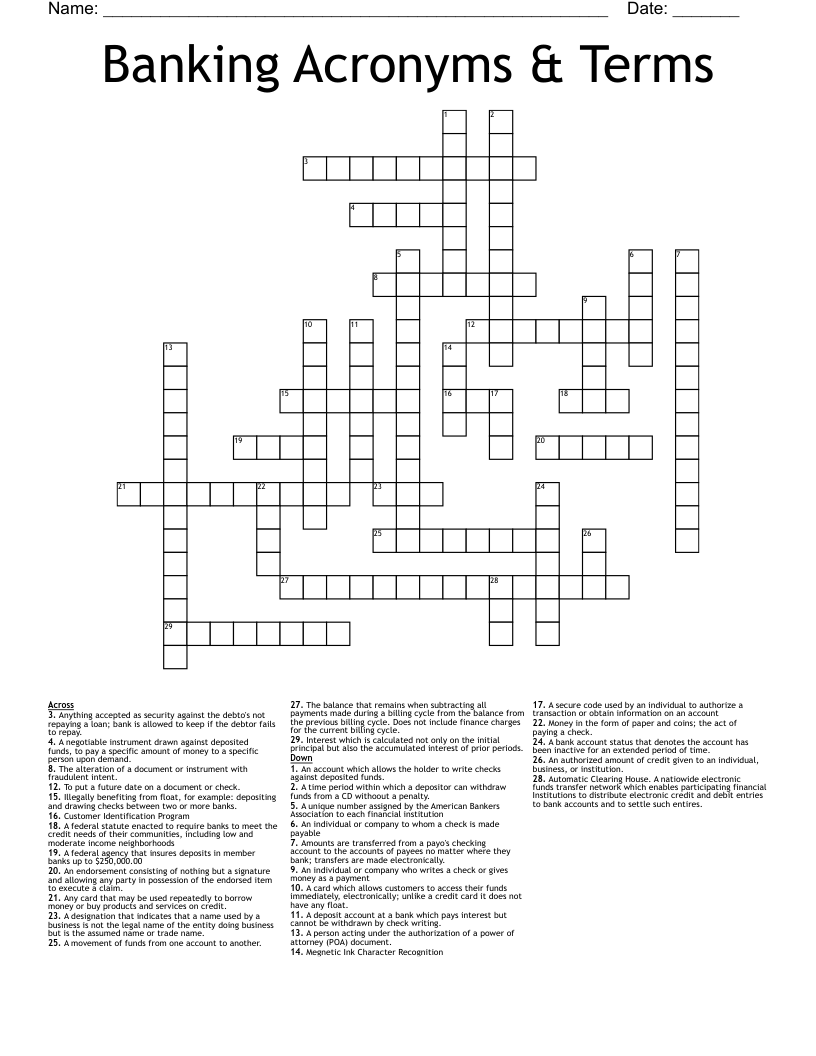 Banking Acronyms & Terms Crossword
