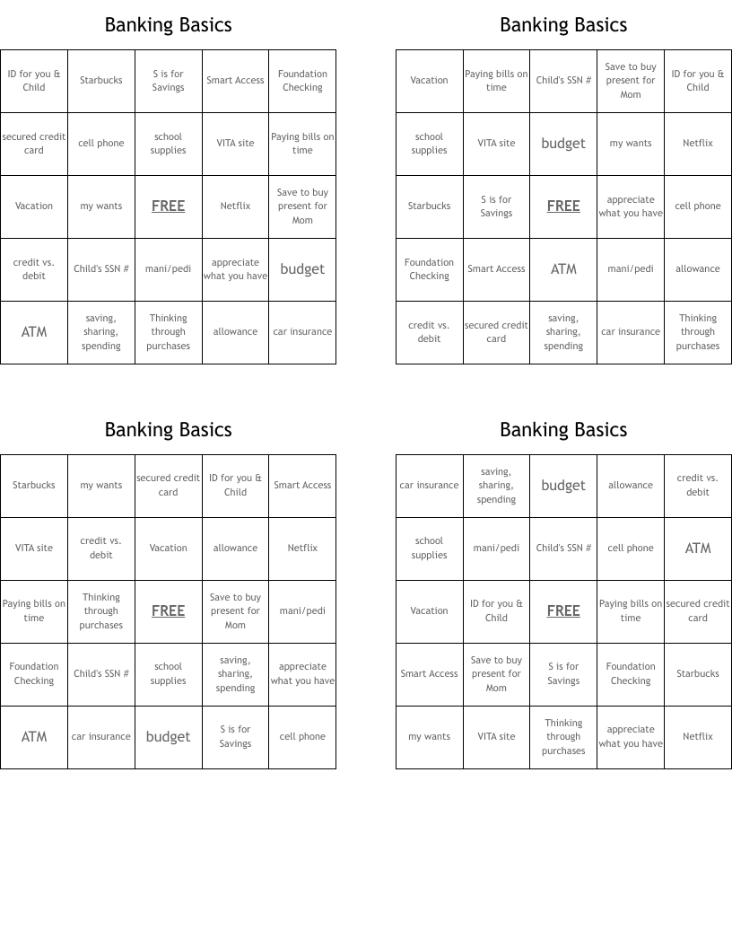 Banking Basics Bingo Cards