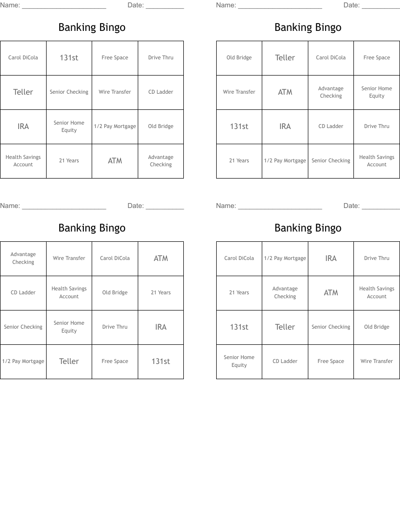 Banking Bingo