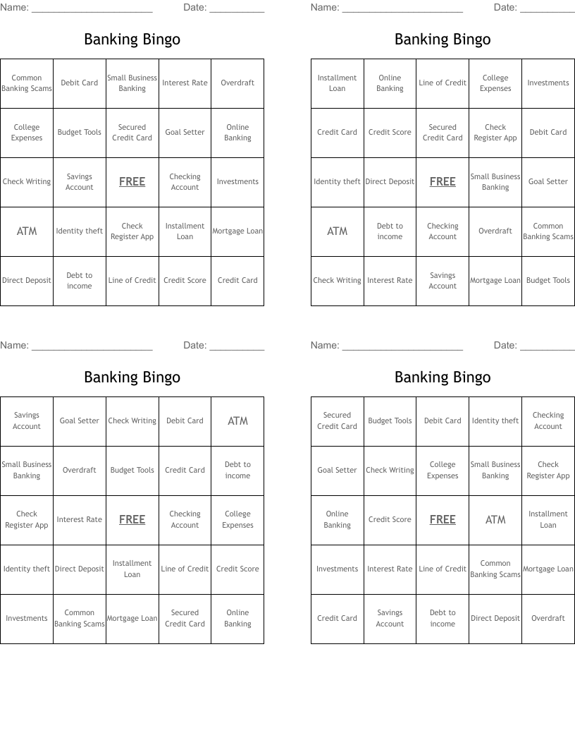 Banking Bingo