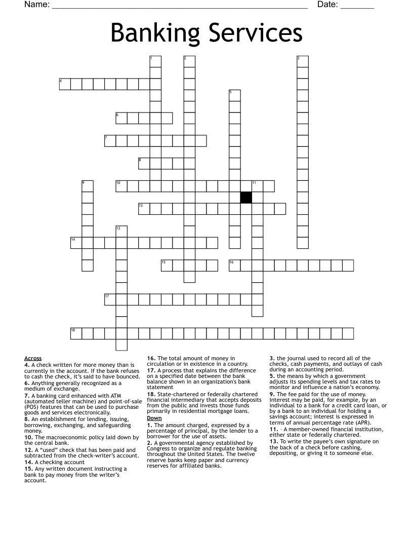 Banking Services Crossword