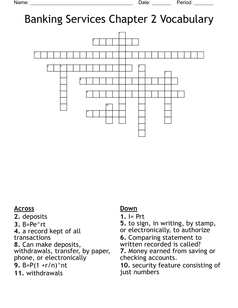 Banking Services Chapter 2 Vocabulary Crossword