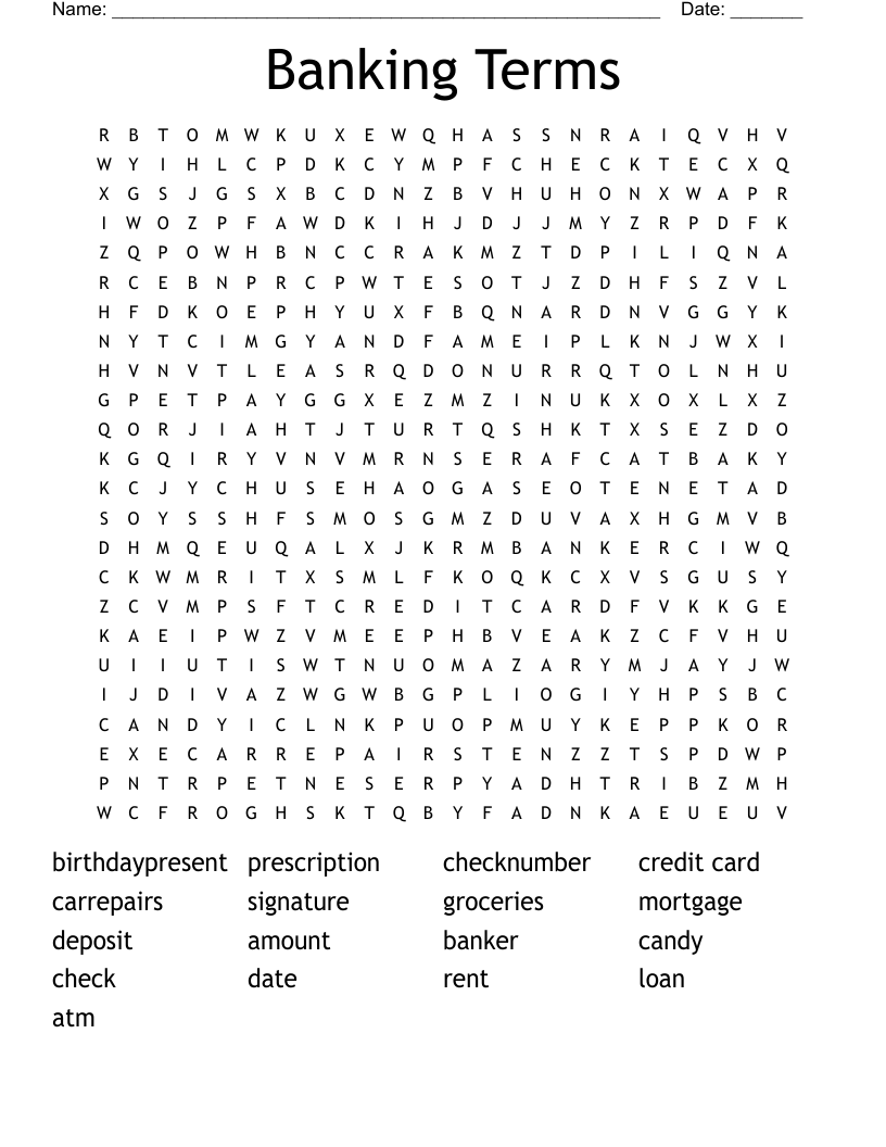 Banking Terms Word Search