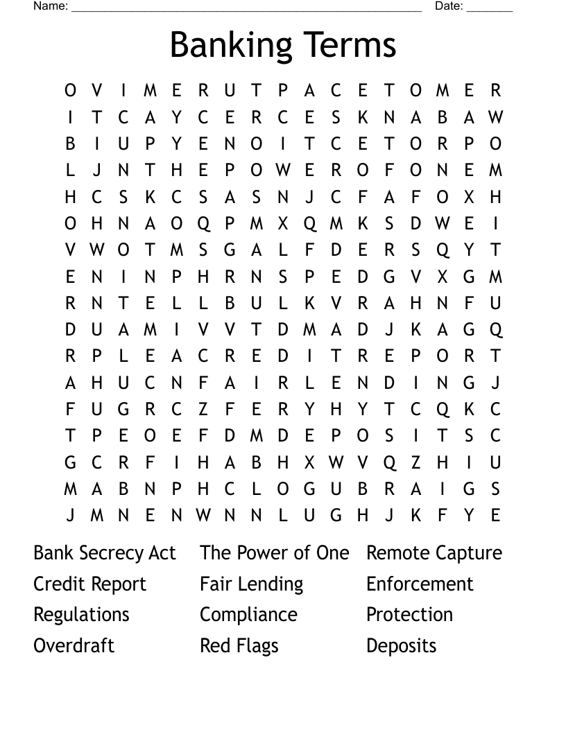 Banking Terms Word Search