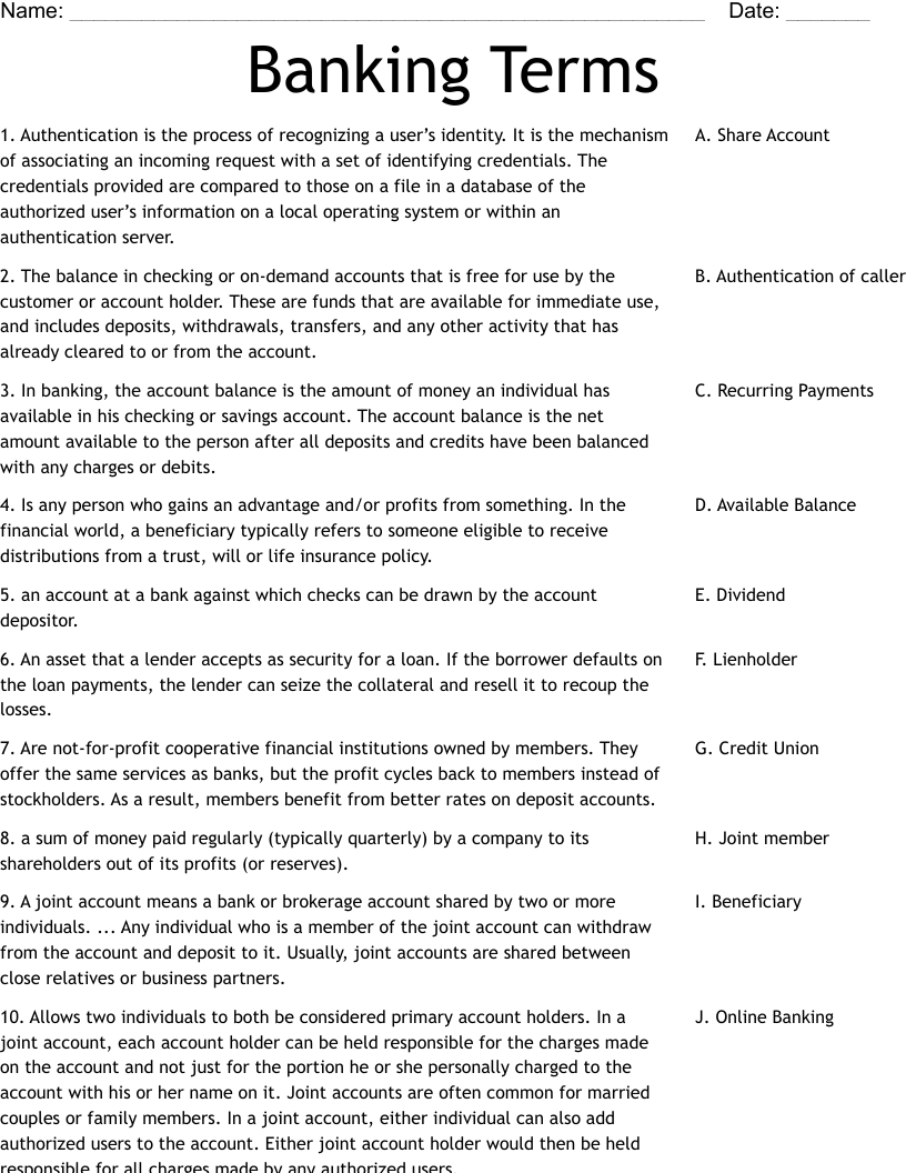 Banking Terms Worksheet
