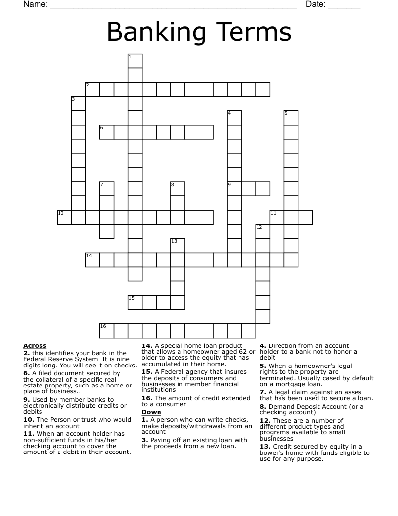 Banking Terms Crossword