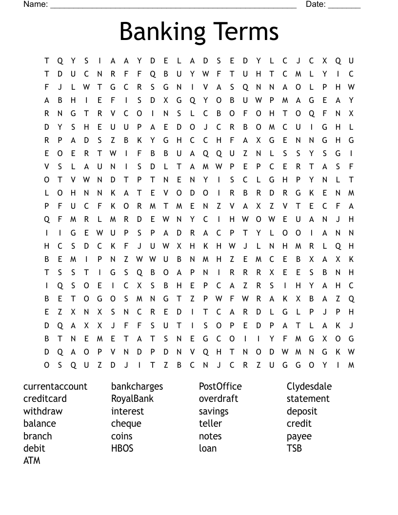 Banking Terms Word Search