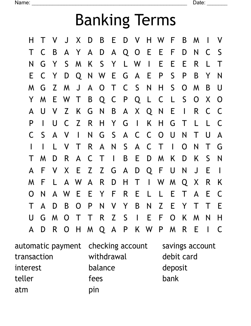 Banking Terms Word Search