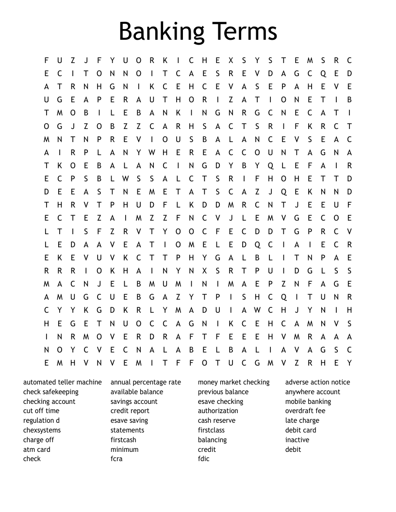 Banking Terms  Word Search