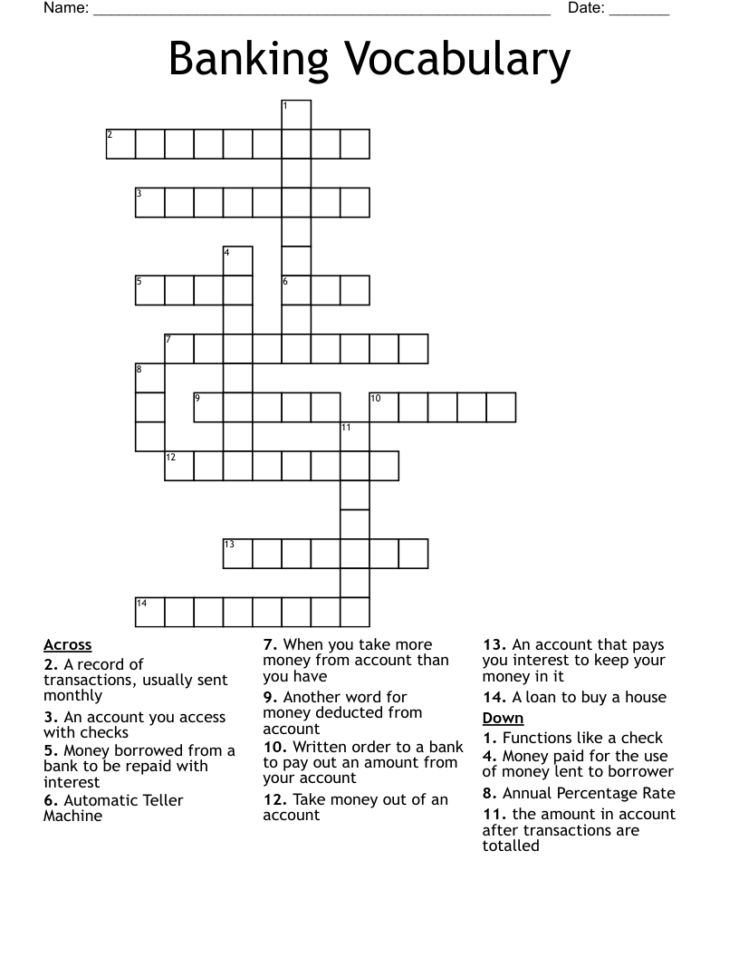 Banking Vocabulary Crossword