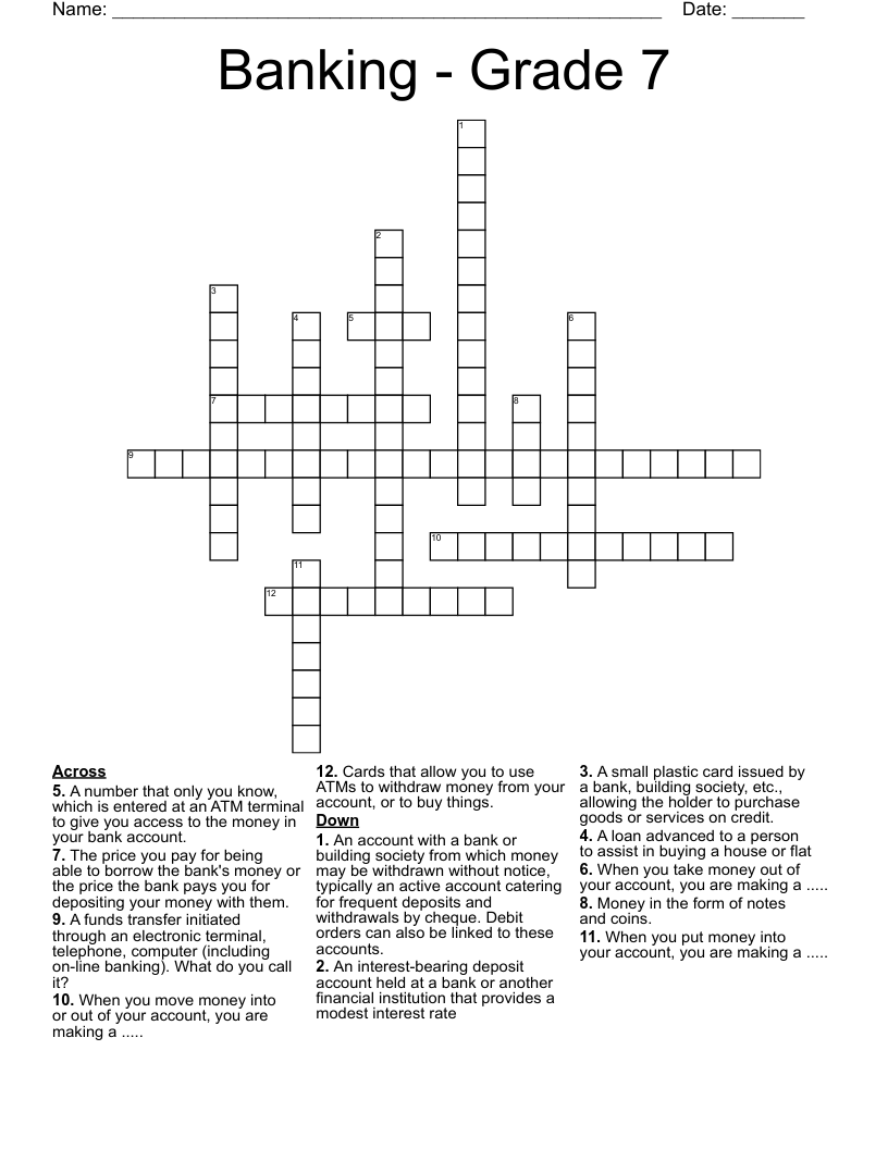 Banking - Grade 7 Crossword