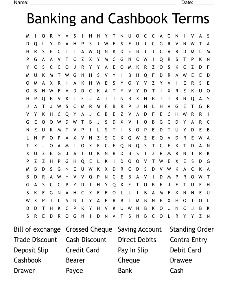 Banking and Cashbook Terms  Word Search