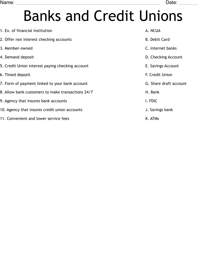 Banks and Credit Unions Worksheet