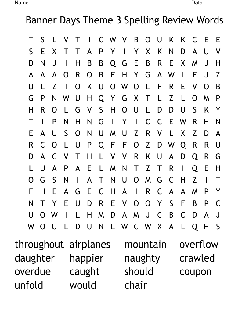 Banner Days Theme 3 Spelling Review Words Word Search