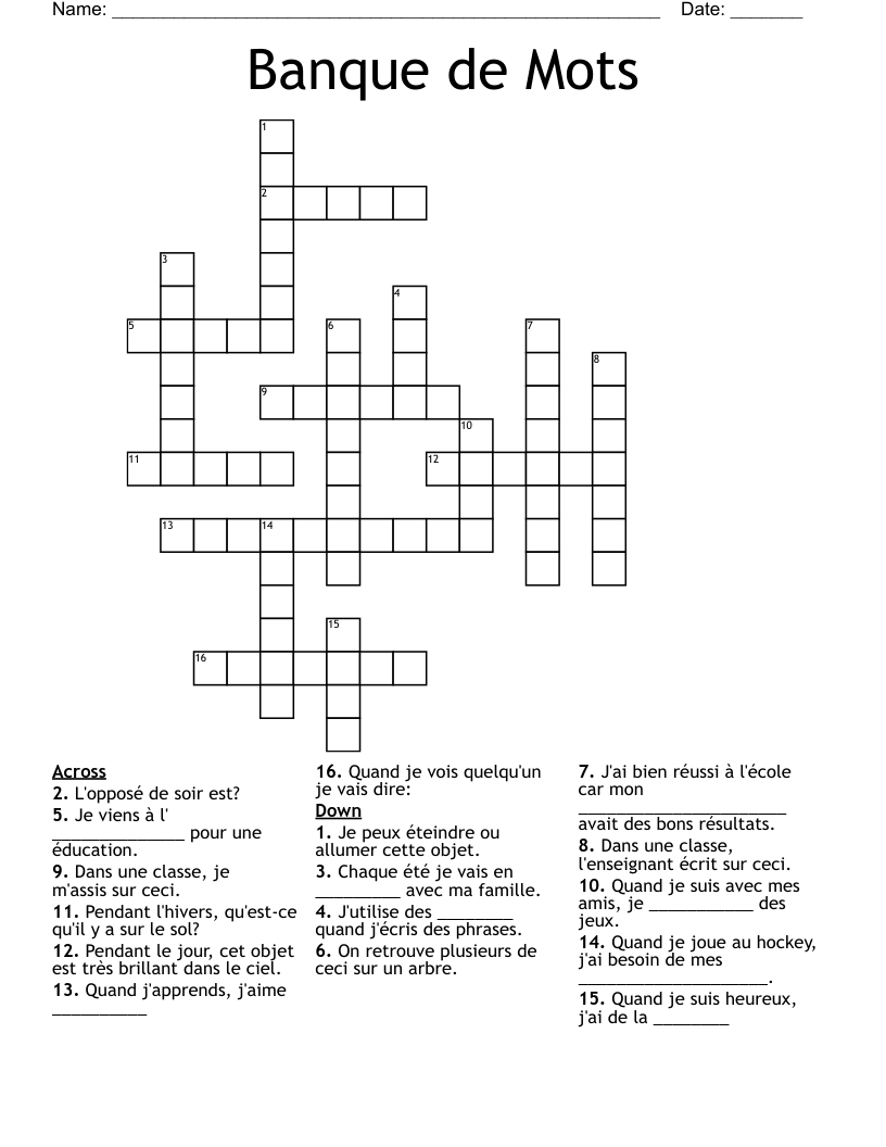 Banque de Mots Crossword
