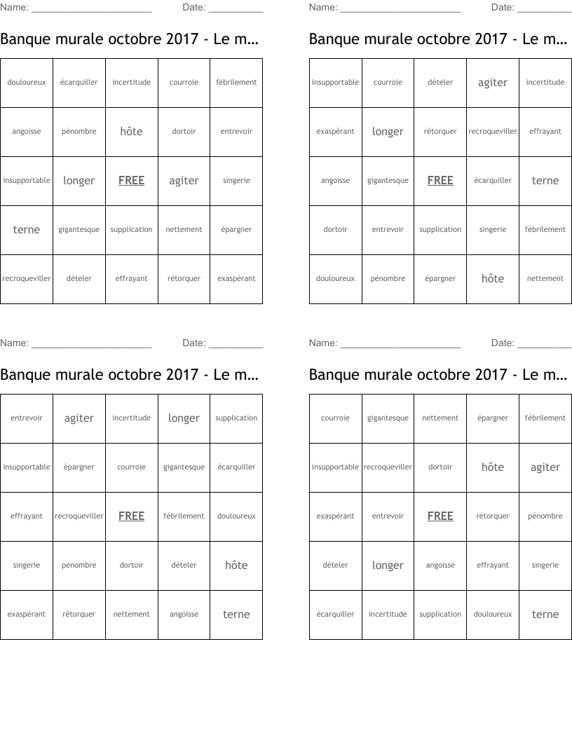 Banque murale octobre 2017 - Le montreur d'ours Bingo Cards