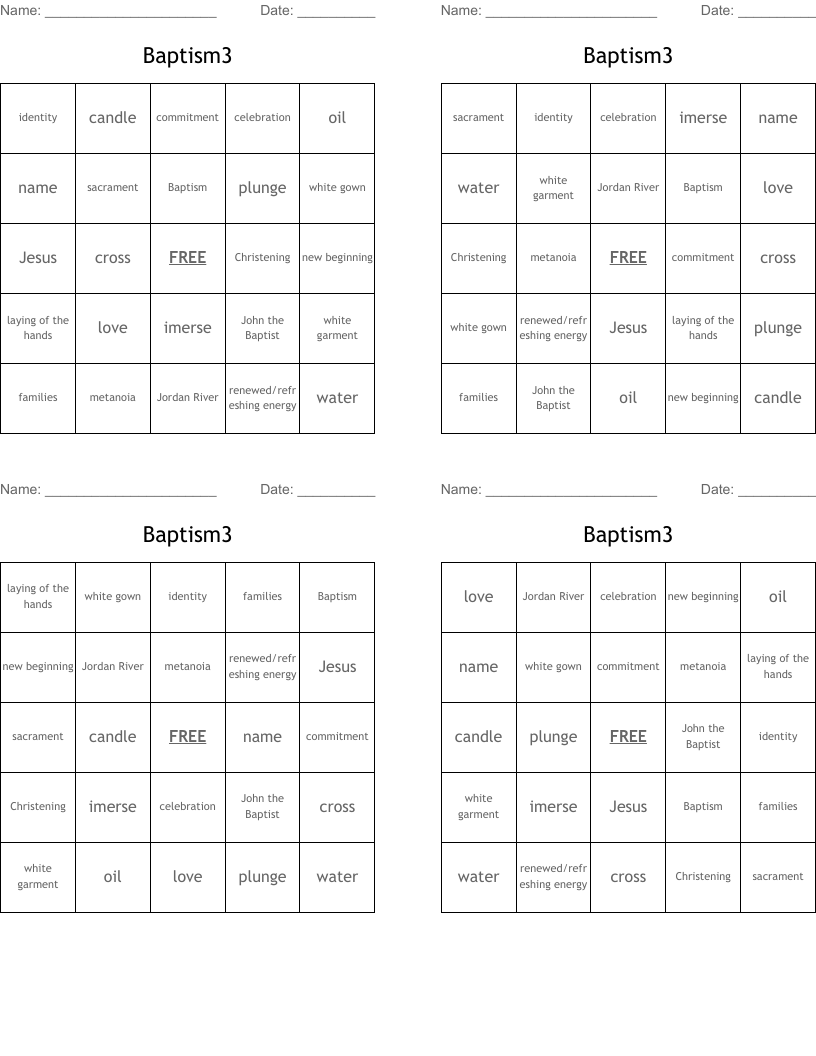Baptism3 Bingo Cards