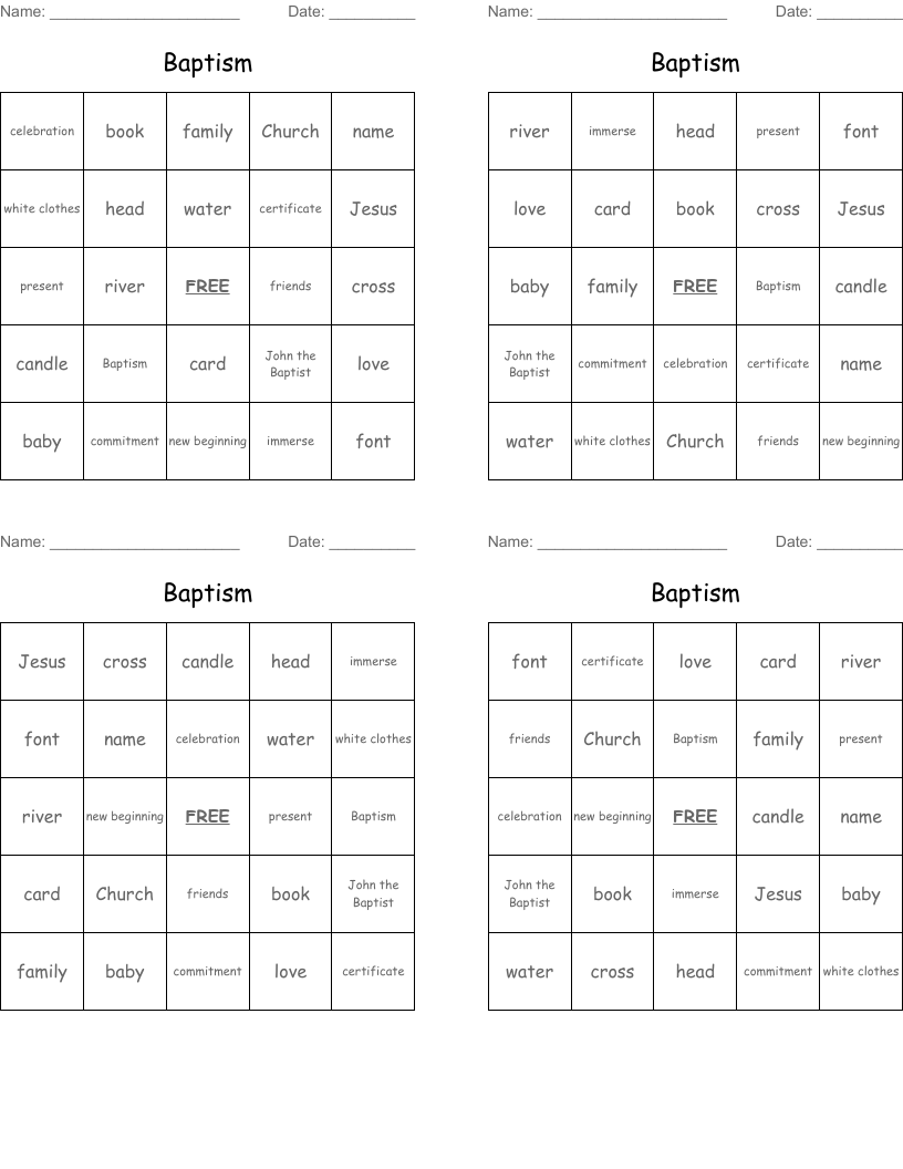 Baptism Bingo Cards