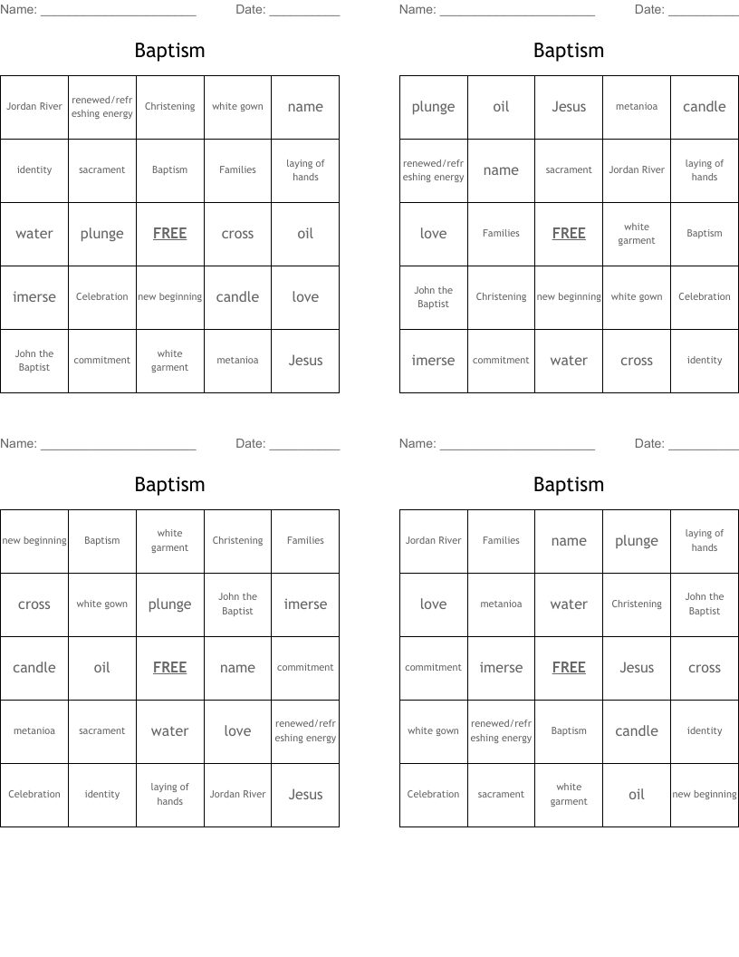 Baptism Bingo Cards