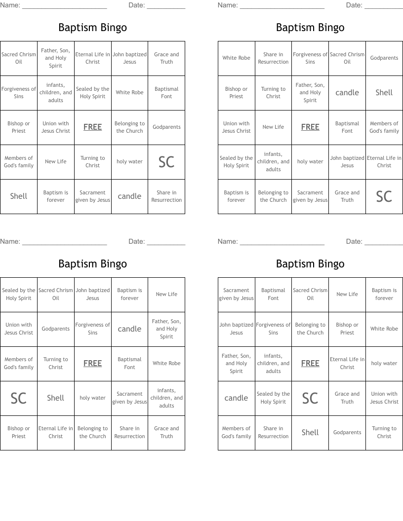 Baptism Bingo