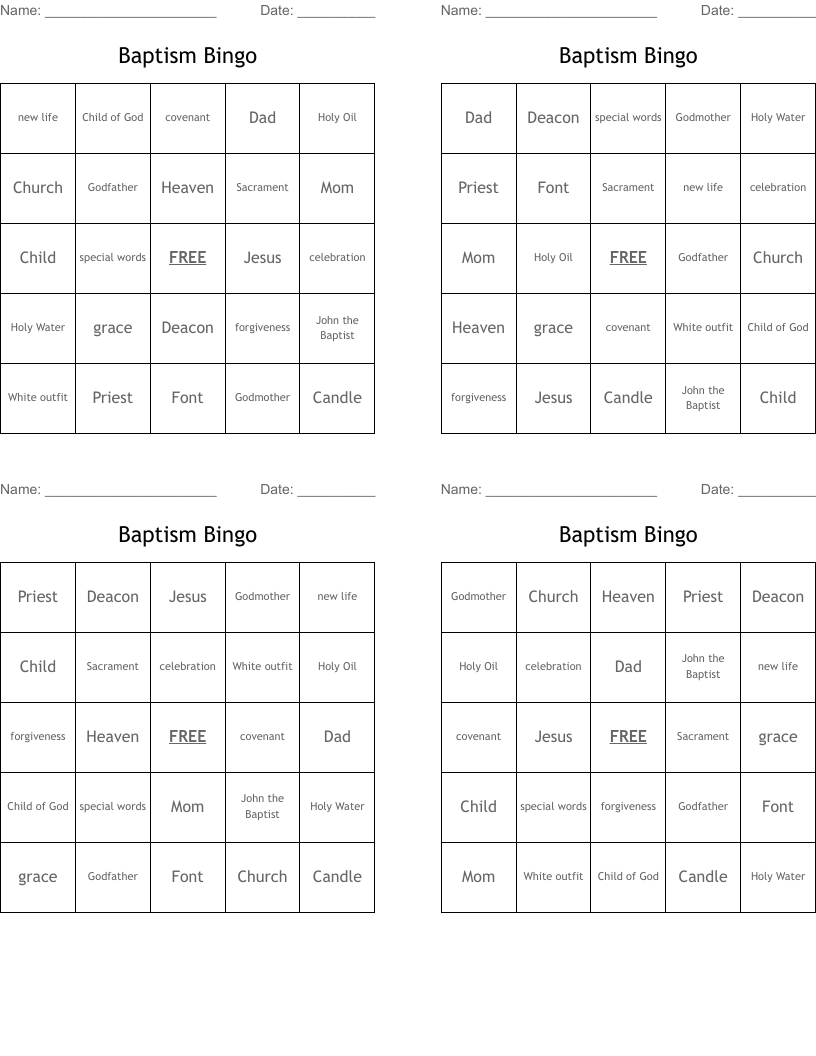 Baptism Bingo