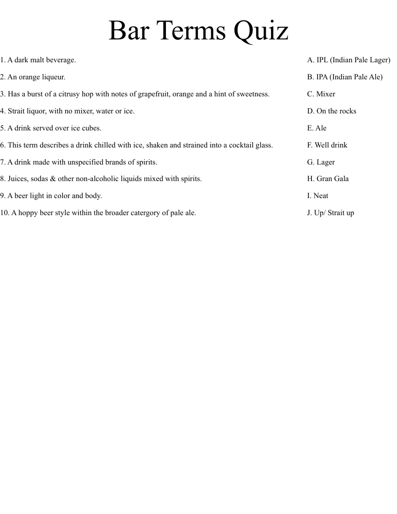 Bar Terms Quiz Worksheet