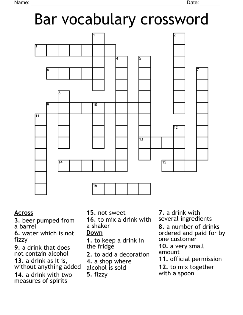 Bar vocabulary crossword