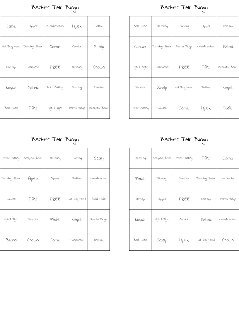 Barber Talk Bingo