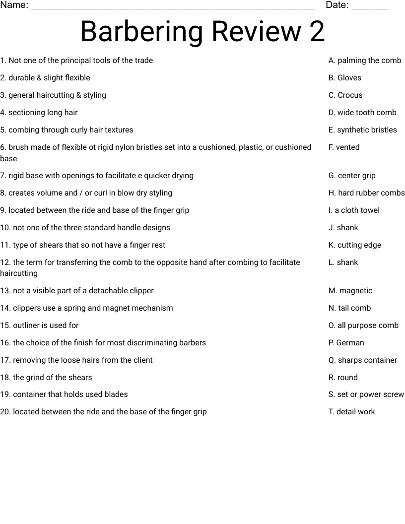 Barbering Review 2 Worksheet