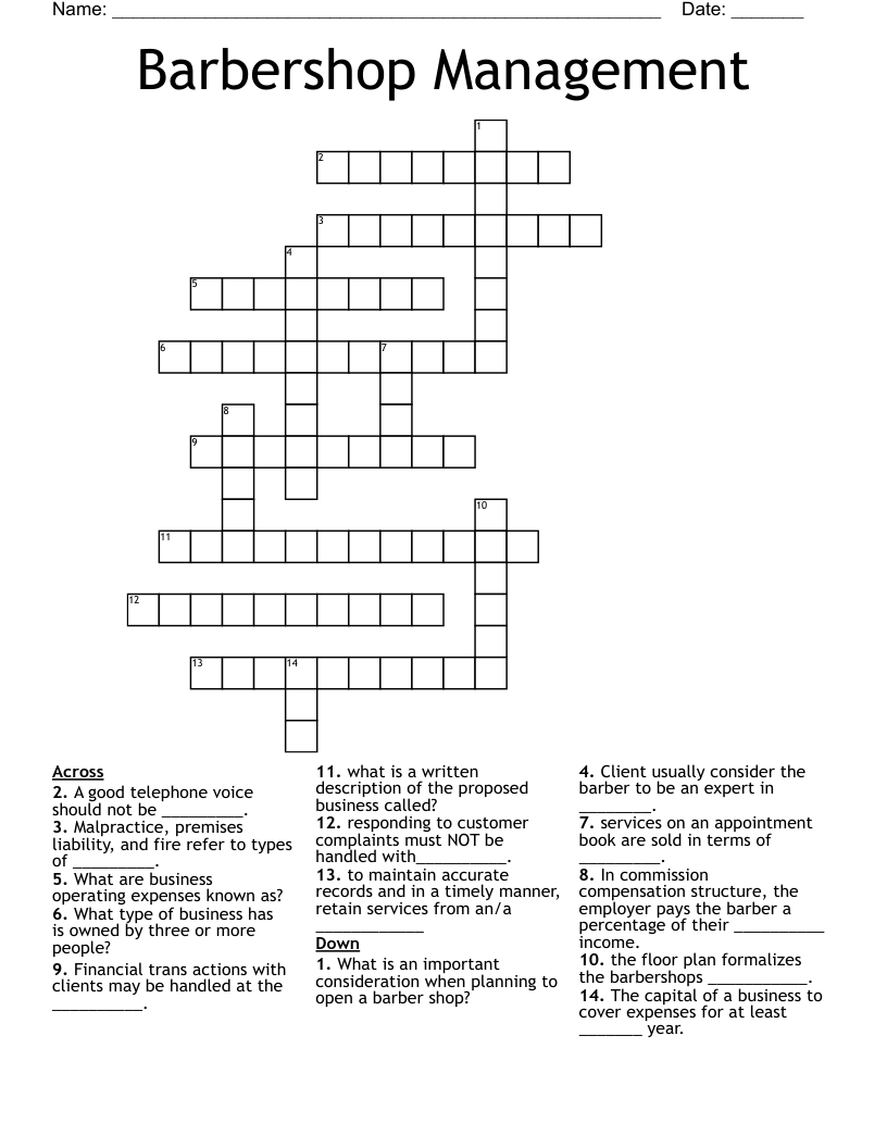 Barbershop Management Crossword
