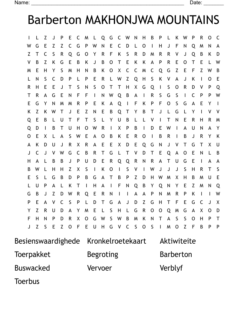Barberton MAKHONJWA MOUNTAINS  Word Search