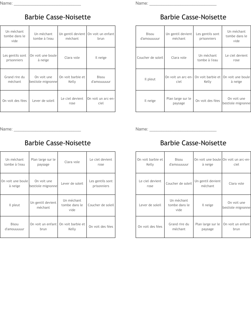 Barbie Casse-Noisette Bingo Cards