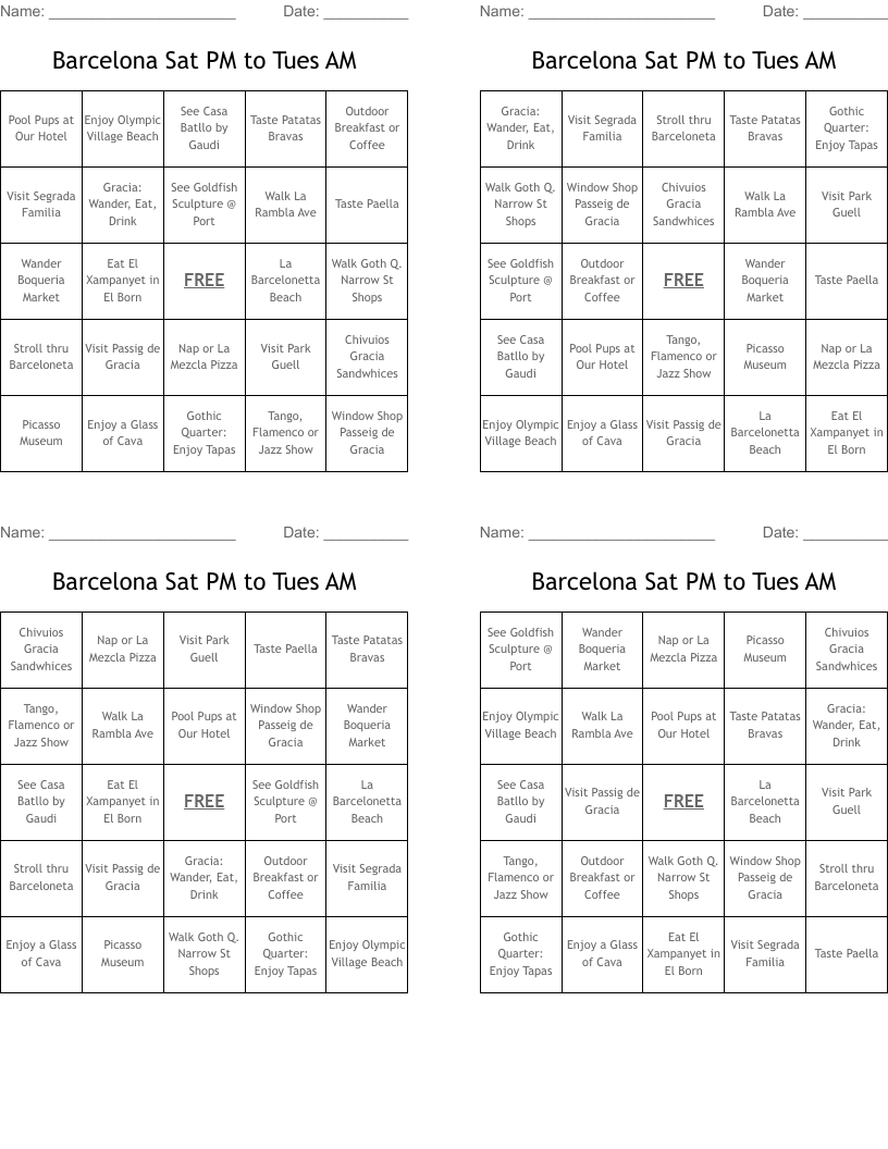 Barcelona Sat PM to Tues AM Bingo Cards