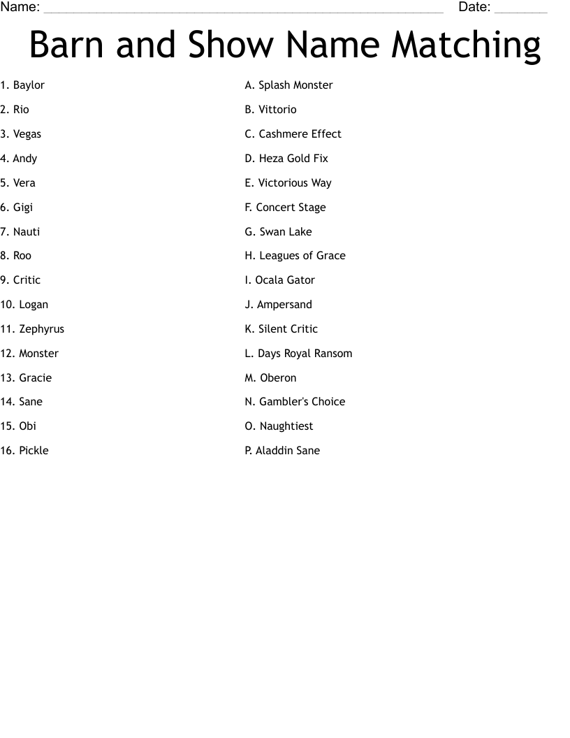 Barn and Show Name Matching Worksheet
