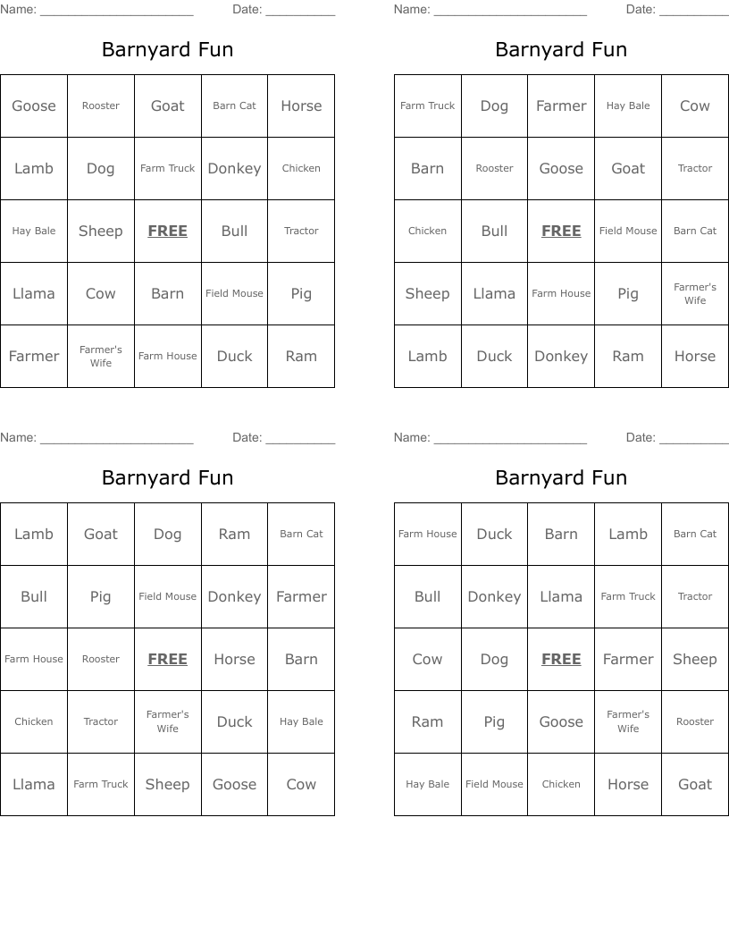Barnyard Fun Bingo Cards