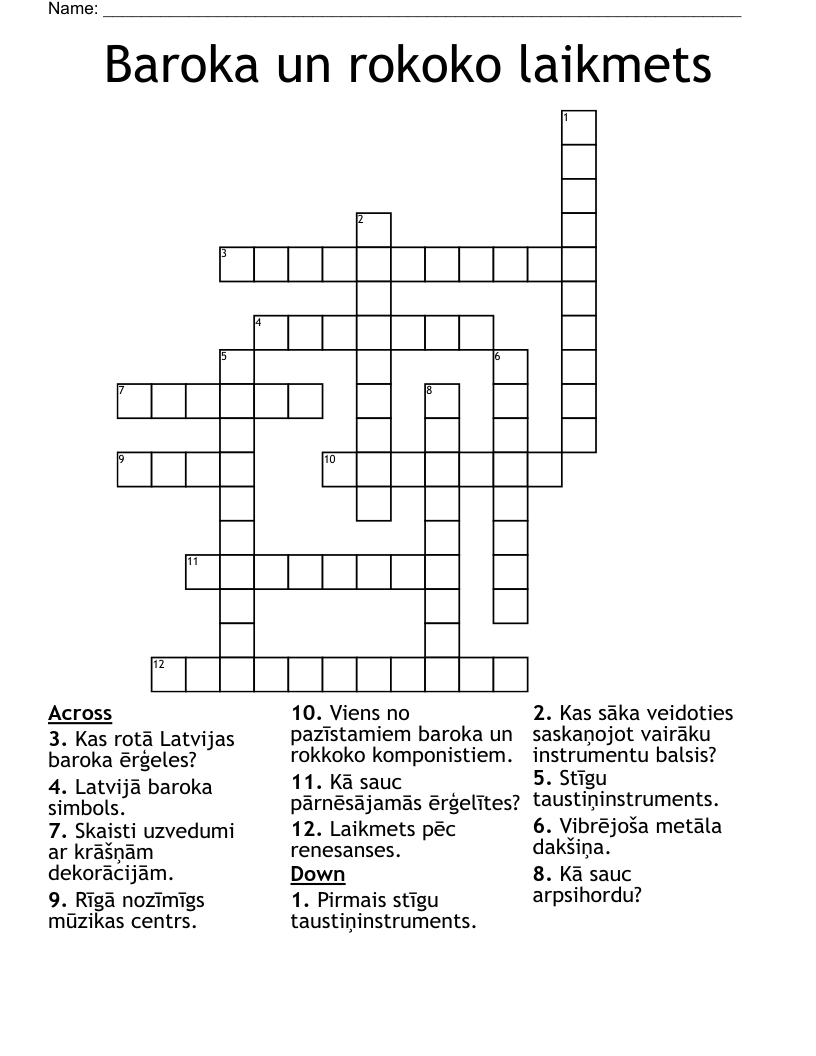 Baroka un rokoko laikmets Crossword