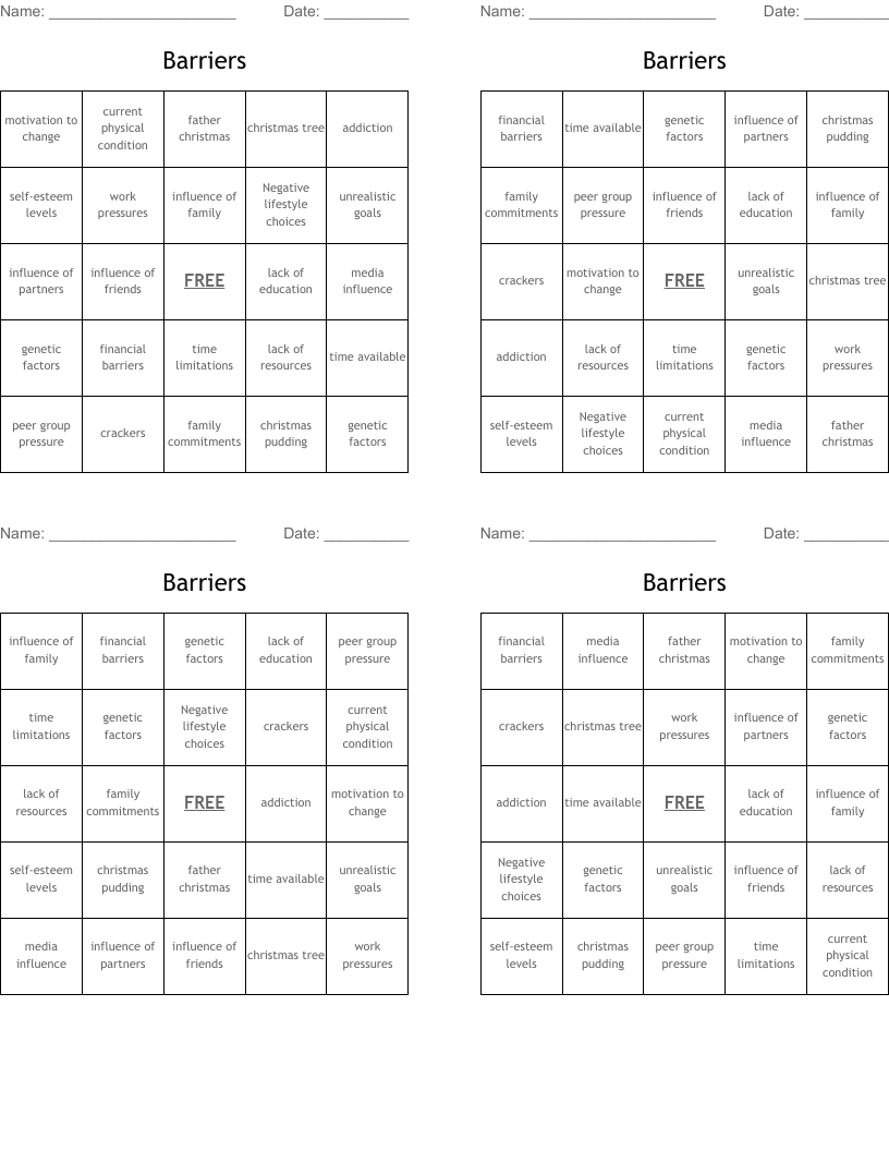 Barriers  Bingo Cards
