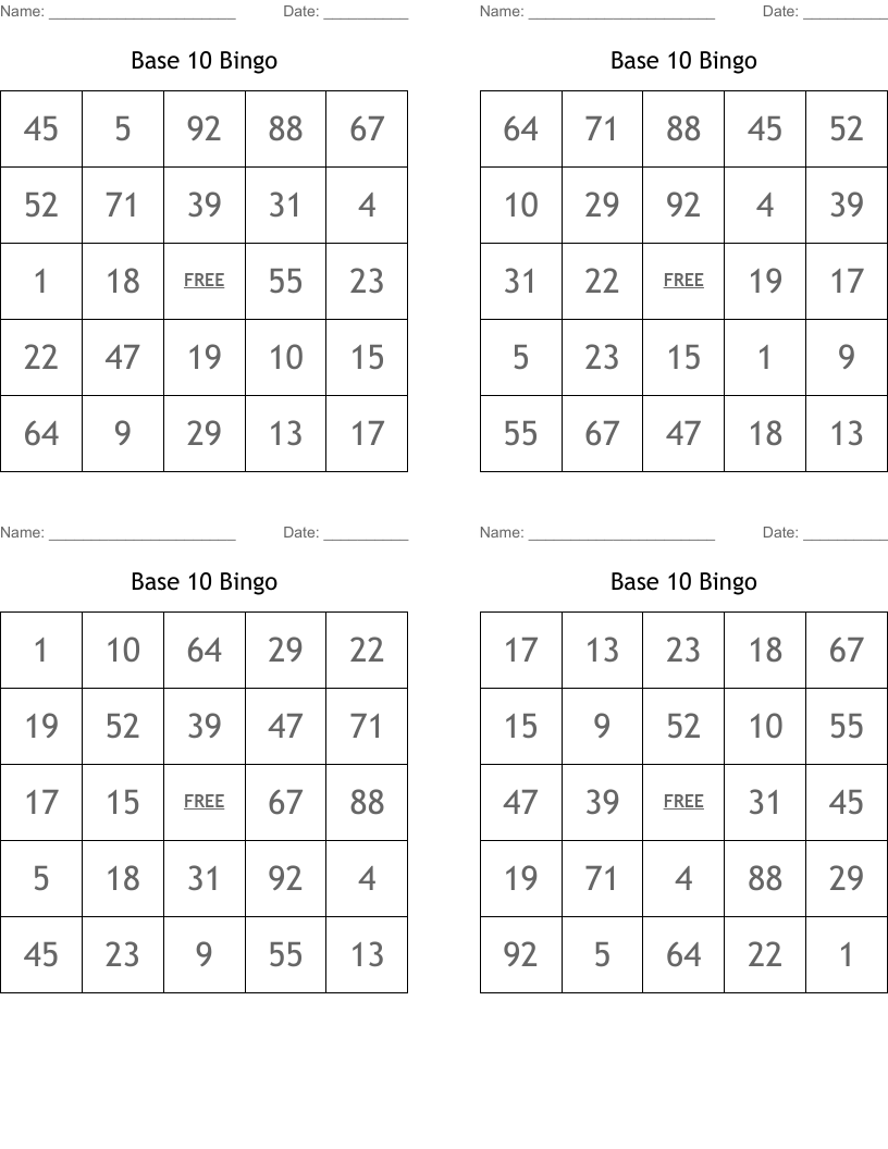 Base 10 Bingo 