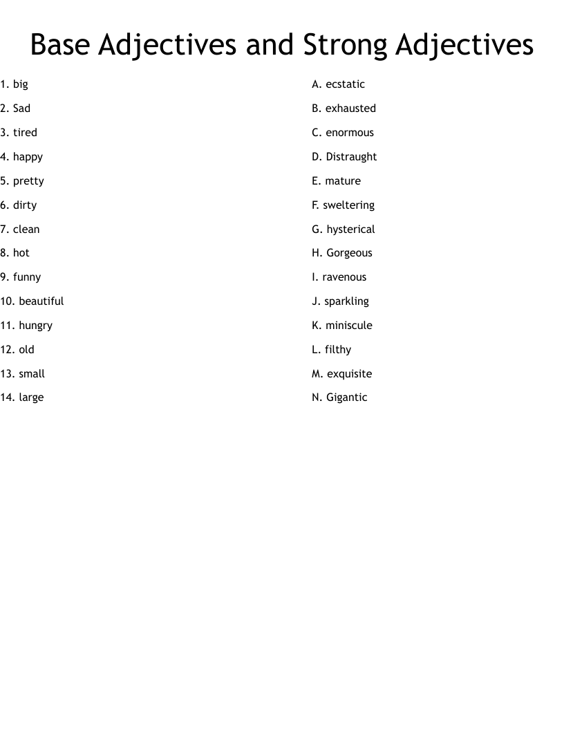 Base Adjectives and Strong Adjectives Worksheet