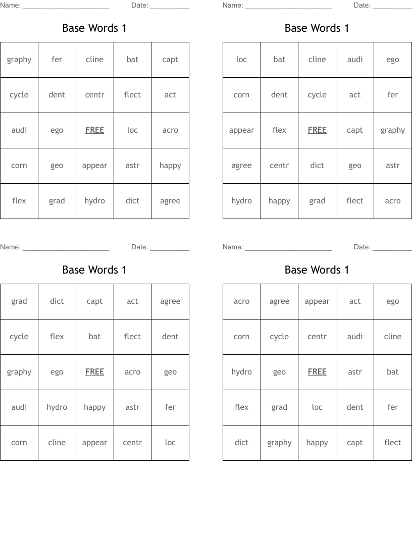 Base Words 1 Bingo Cards