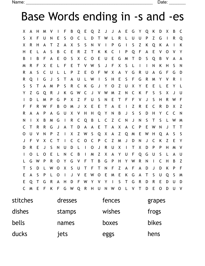 Base Words ending in -s and -es Word Search